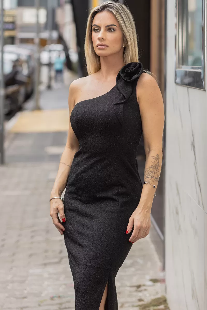 Miss Misses - Talita Lurex One Shoulder Dress with Black Flower - 54463001 Miss Misses - Talita Lurex One Shoulder Dress with Black Flower - 54463001
