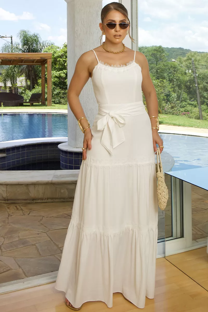 Miss Misses - Taina Long Dress With Off White Belt And Guipure - 54468030