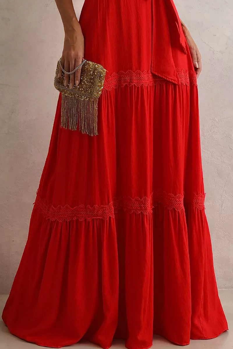 Miss Misses - Taina Long Dress With Sash And Red Guipure - 54468024 Miss Misses - Taina Long Dress With Sash And Red Guipure - 54468024