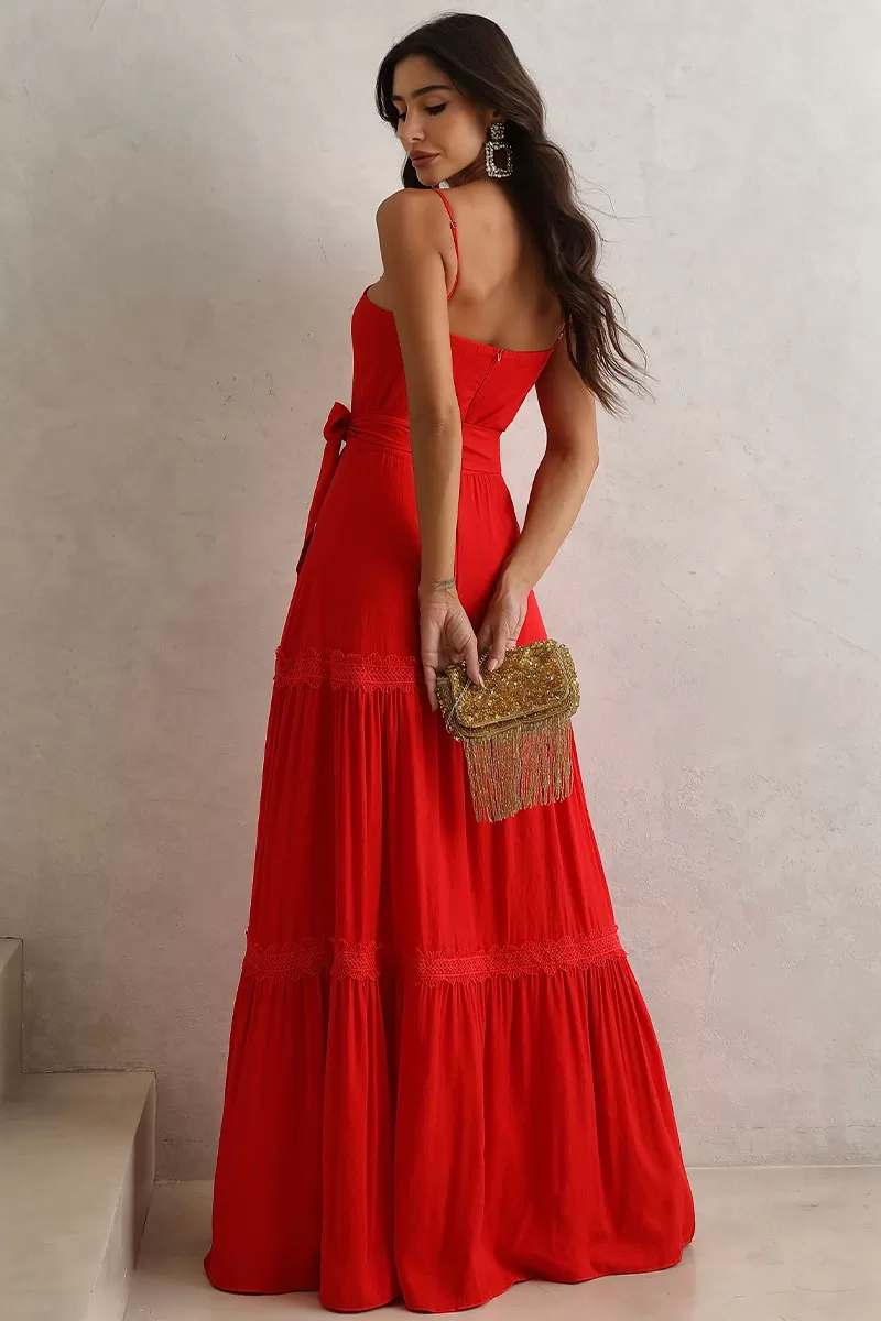 Miss Misses - Taina Long Dress With Sash And Red Guipure - 54468024 Miss Misses - Taina Long Dress With Sash And Red Guipure - 54468024