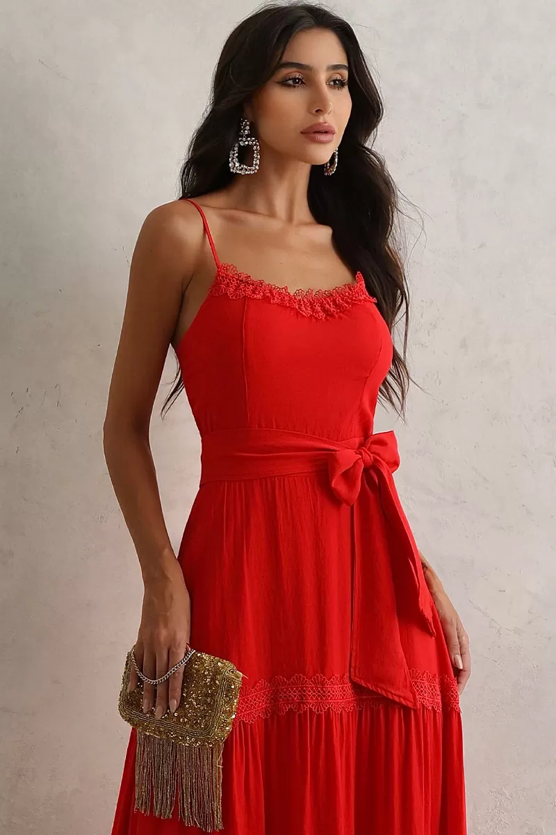 Miss Misses - Taina Long Dress With Sash And Red Guipure - 54468024 Miss Misses - Taina Long Dress With Sash And Red Guipure - 54468024