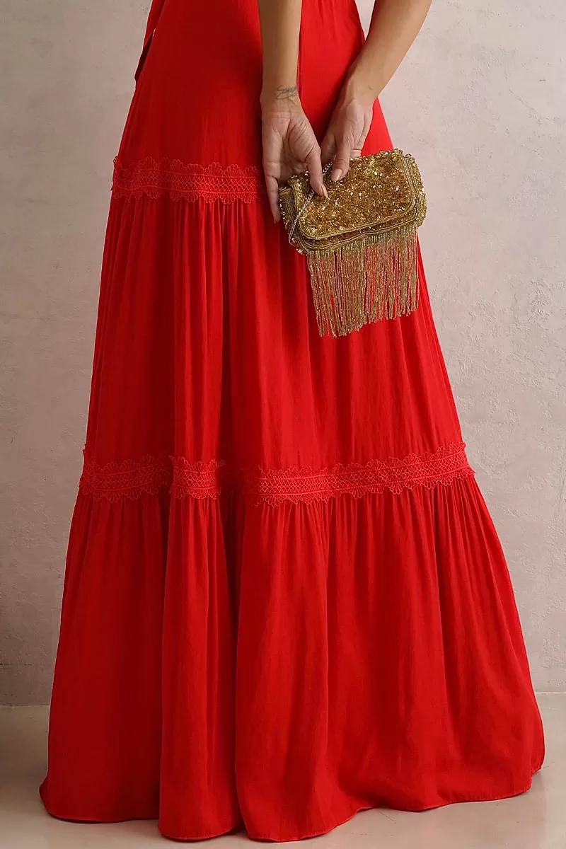 Miss Misses - Taina Long Dress With Sash And Red Guipure - 54468024 Miss Misses - Taina Long Dress With Sash And Red Guipure - 54468024