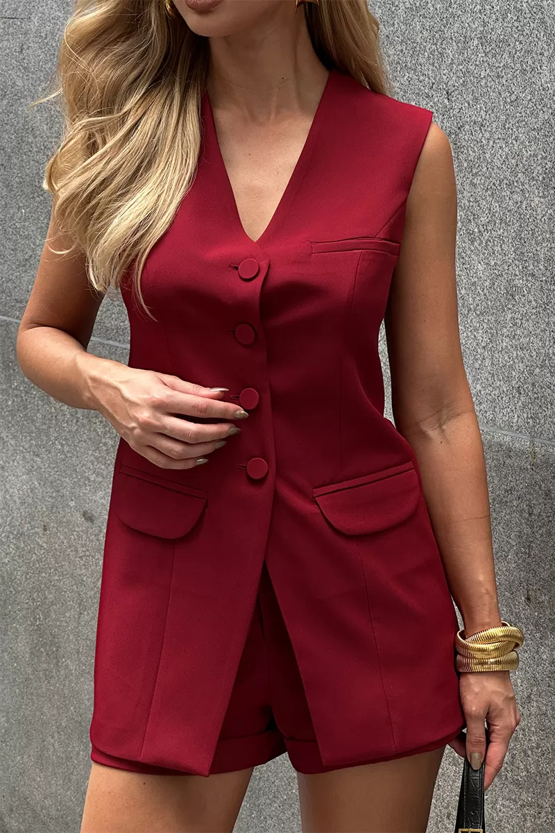 Dot Clothing - Dot Clothing Betina Long Vest and Short Marsala Set - 2265VERMELHO Dot Clothing - Dot Clothing Betina Long Vest and Short Marsala Set - 2265VERMELHO