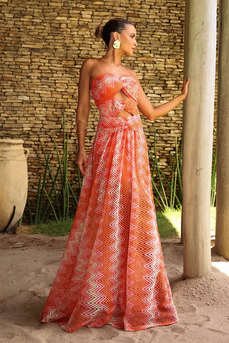 Dot Clothing - Dot Clothing Long Rita Lace Orange Print Dress - 2596LARANJA Dot Clothing - Dot Clothing Long Rita Lace Orange Print Dress - 2596LARANJA