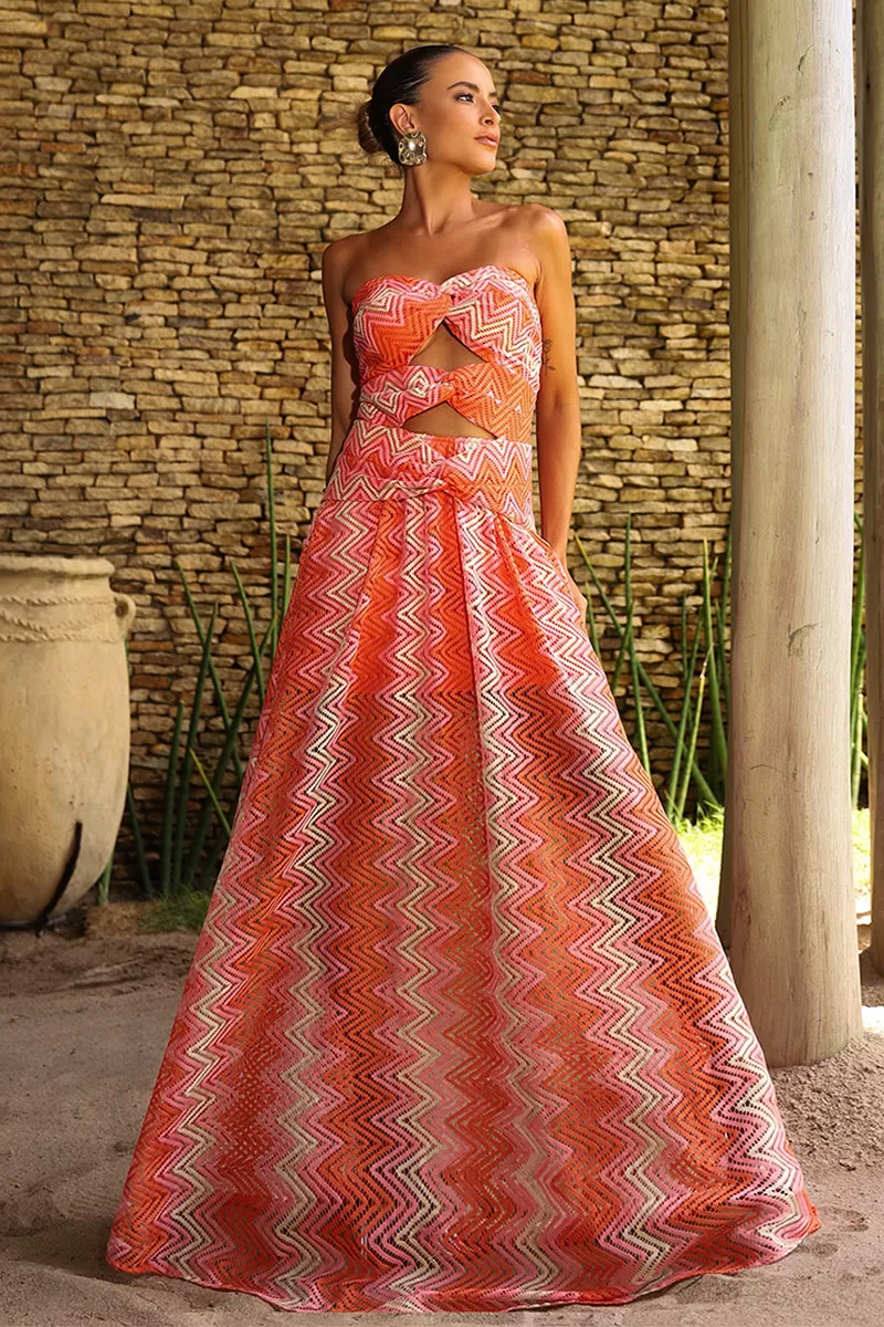 Dot Clothing - Dot Clothing Long Rita Lace Orange Print Dress - 2596LARANJA Dot Clothing - Dot Clothing Long Rita Lace Orange Print Dress - 2596LARANJA