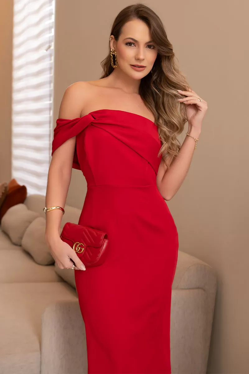 Miss Misses - Miss Misses Midi TQC Dress with Asymmetrical Detail in Red - 54355024 Miss Misses - Miss Misses Midi TQC Dress with Asymmetrical Detail in Red - 54355024