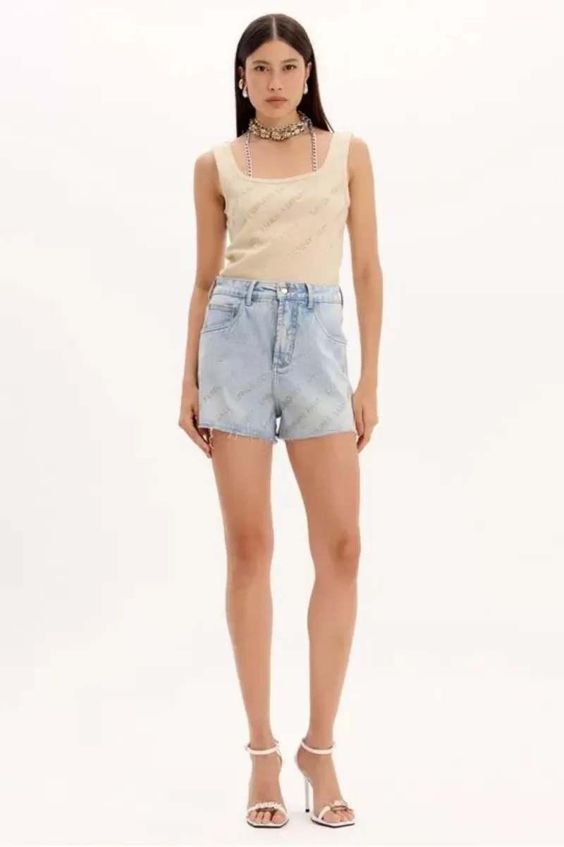 LANÇA PERFUME - Grandfather Jean Shorts With High Waist And Sparkle Appliques LAUNCHES EASY PERFUME - 2818