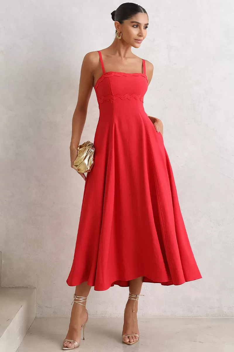 Miss Misses - Lidiane Dress With Guipure Detail And Red Strap - 54470024