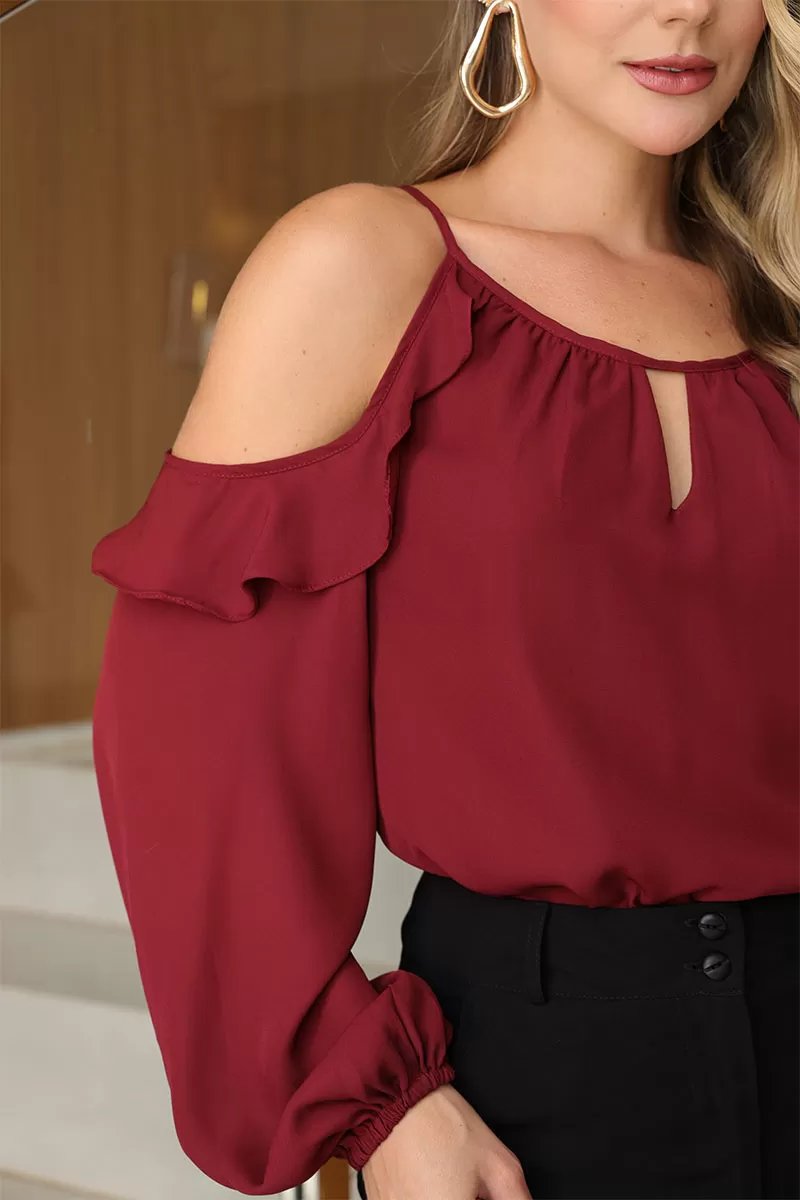 Miss Misses - Long Sleeve Crepe Shirt with Openwork Wine - 54476006 Miss Misses - Long Sleeve Crepe Shirt with Openwork Wine - 54476006