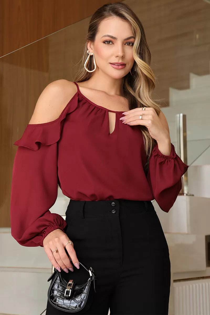 Miss Misses - Long Sleeve Crepe Shirt with Openwork Wine - 54476006 Miss Misses - Long Sleeve Crepe Shirt with Openwork Wine - 54476006