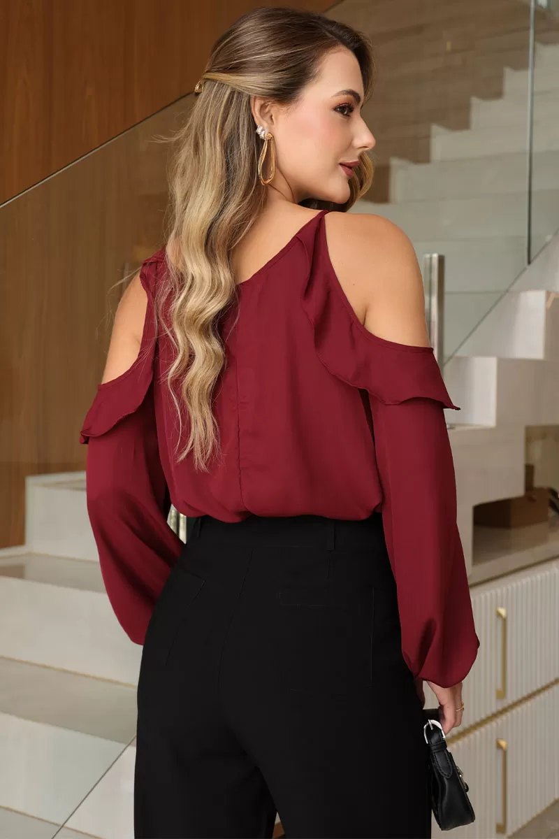Miss Misses - Long Sleeve Crepe Shirt with Openwork Wine - 54476006 Miss Misses - Long Sleeve Crepe Shirt with Openwork Wine - 54476006