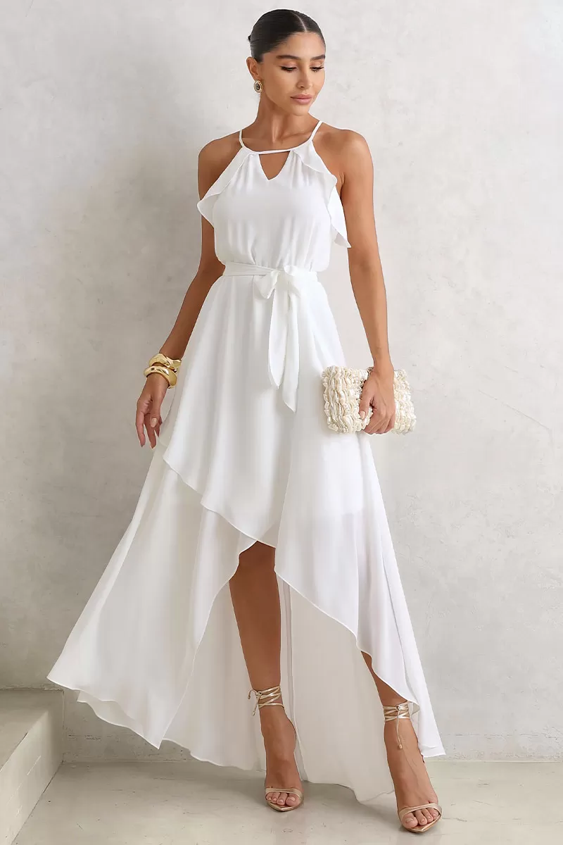 Miss Misses - Lidia Long Crepe Dress With Frill And Off-Shoulder Sash - 54478030