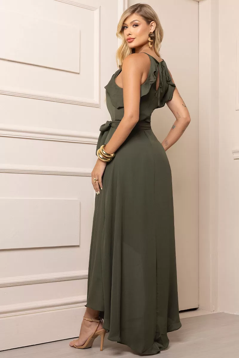 Miss Misses - Lidia Long Crepe Dress With Frill And Moss Green Belt - 54478038 Miss Misses - Lidia Long Crepe Dress With Frill And Moss Green Belt - 54478038