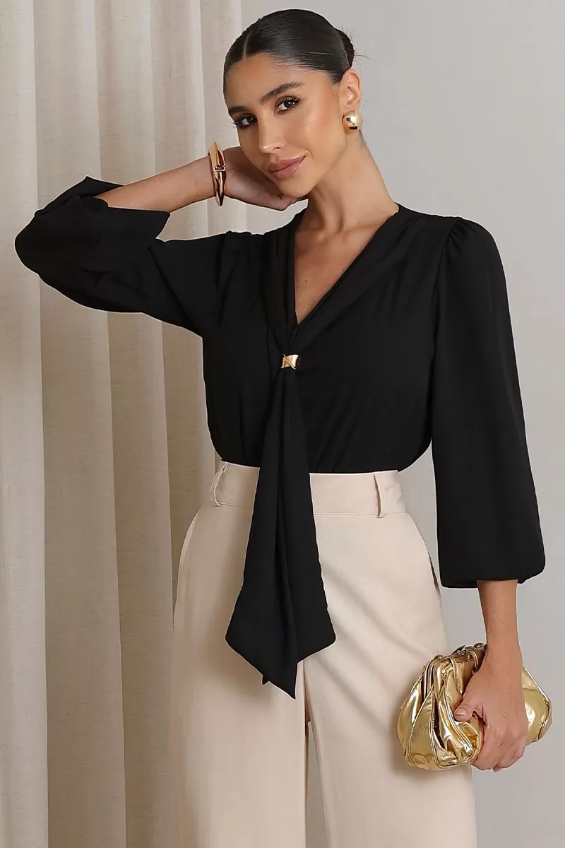 Miss Misses - Neusa Crepe Long Sleeve Shirt with Black Metal Belt Loop - 54480001 Miss Misses - Neusa Crepe Long Sleeve Shirt with Black Metal Belt Loop - 54480001
