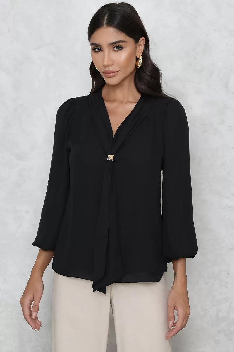 Miss Misses - Neusa Crepe Long Sleeve Shirt with Black Metal Belt Loop - 54480001