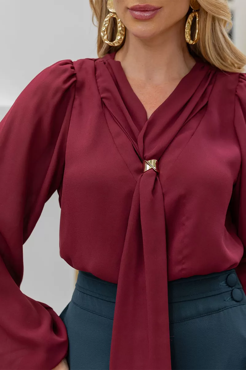Miss Misses - Neusa Crepe Long Sleeve Shirt with Wine Metal Belt Loop - 54480006 Miss Misses - Neusa Crepe Long Sleeve Shirt with Wine Metal Belt Loop - 54480006