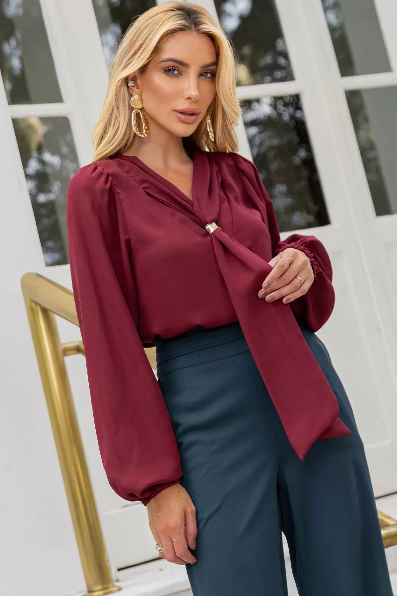 Miss Misses - Neusa Crepe Long Sleeve Shirt with Wine Metal Belt Loop - 54480006 Miss Misses - Neusa Crepe Long Sleeve Shirt with Wine Metal Belt Loop - 54480006