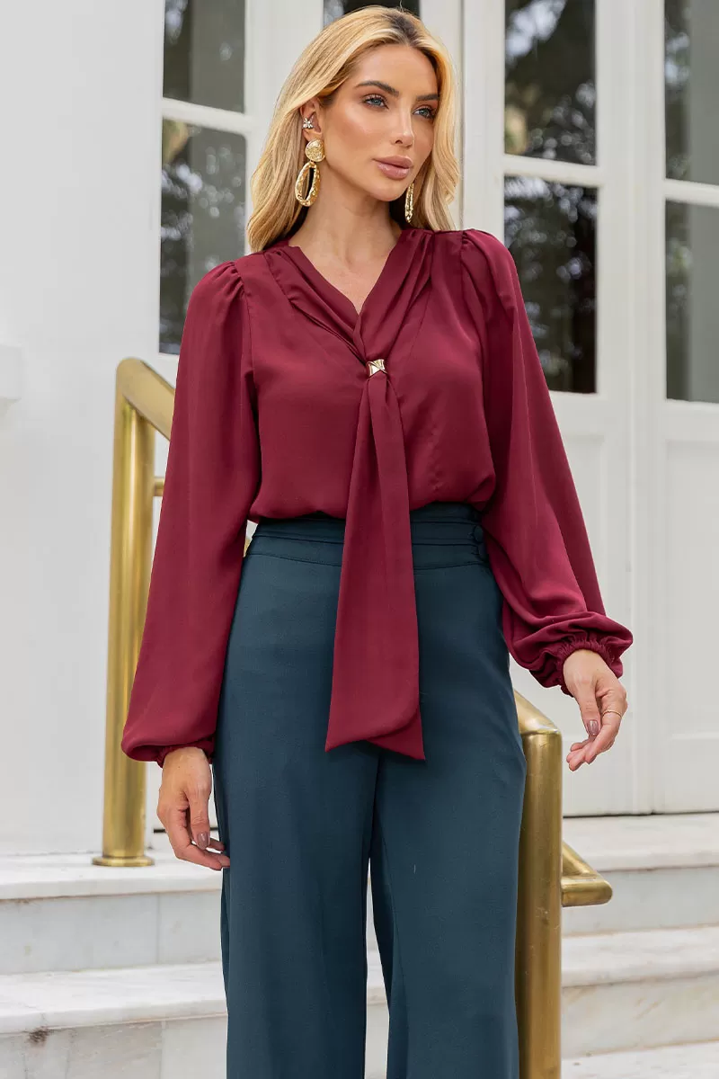 Miss Misses - Neusa Crepe Long Sleeve Shirt with Wine Metal Belt Loop - 54480006