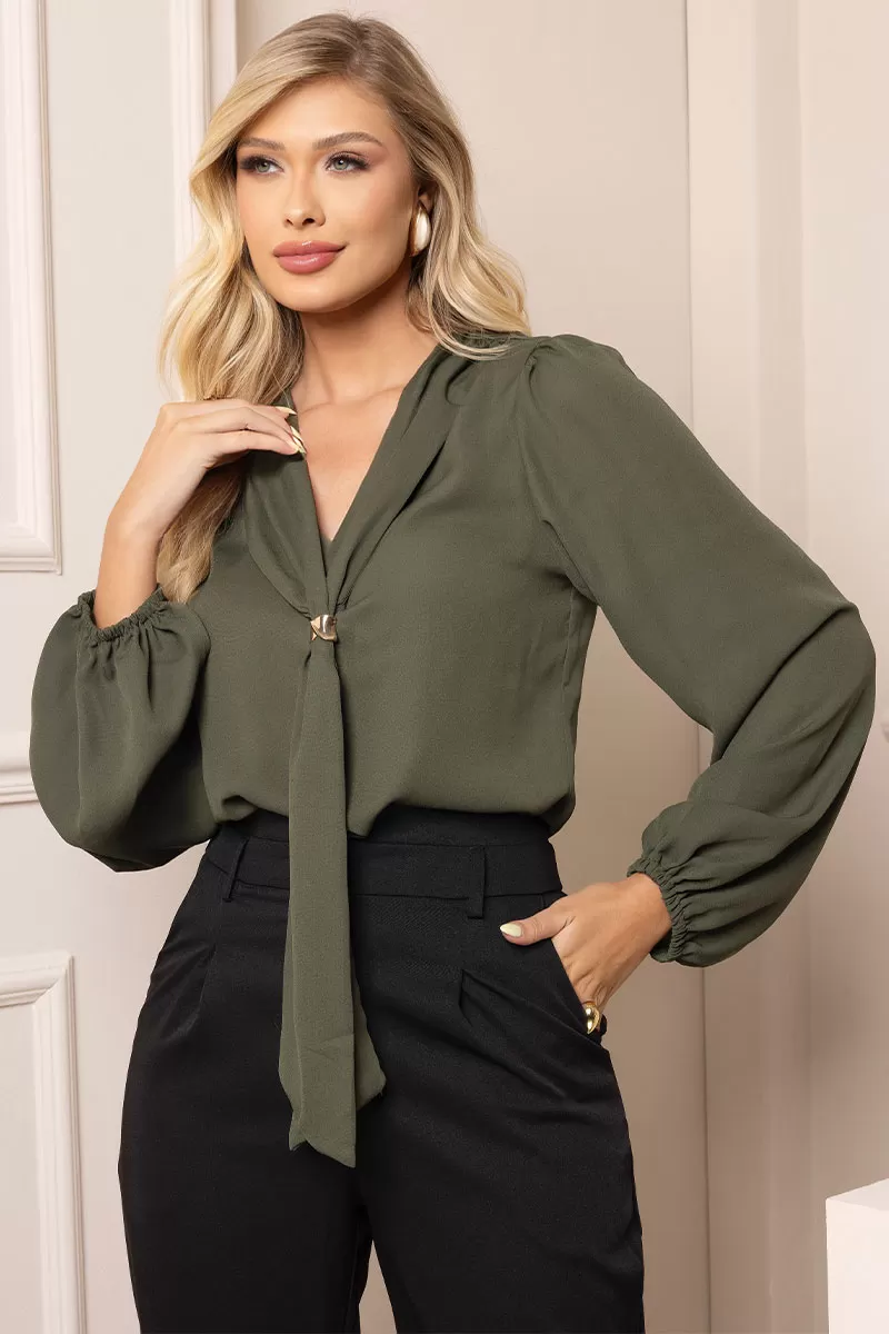Miss Misses - Neusa Crepe Long Sleeve Shirt with Green Metal Belt Loop - 54480023 Miss Misses - Neusa Crepe Long Sleeve Shirt with Green Metal Belt Loop - 54480023