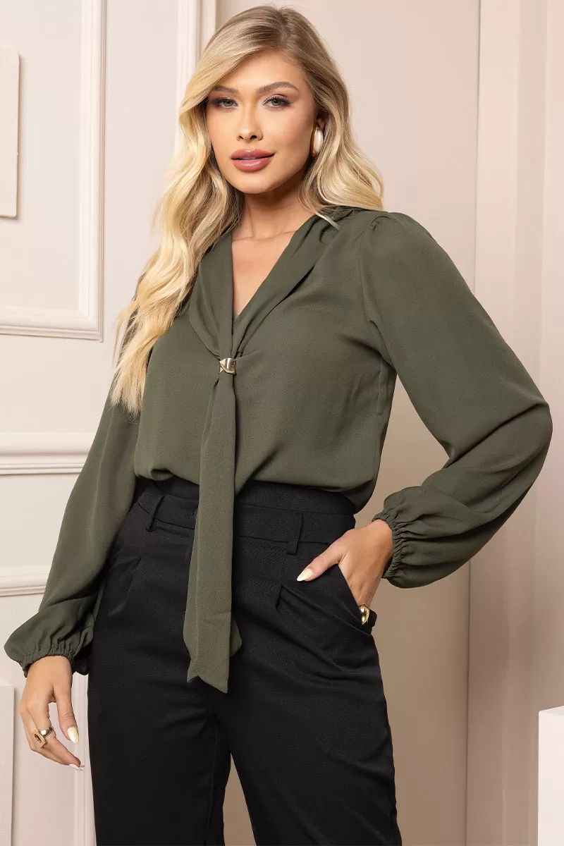 Miss Misses - Neusa Crepe Long Sleeve Shirt with Green Metal Belt Loop - 54480023 Miss Misses - Neusa Crepe Long Sleeve Shirt with Green Metal Belt Loop - 54480023