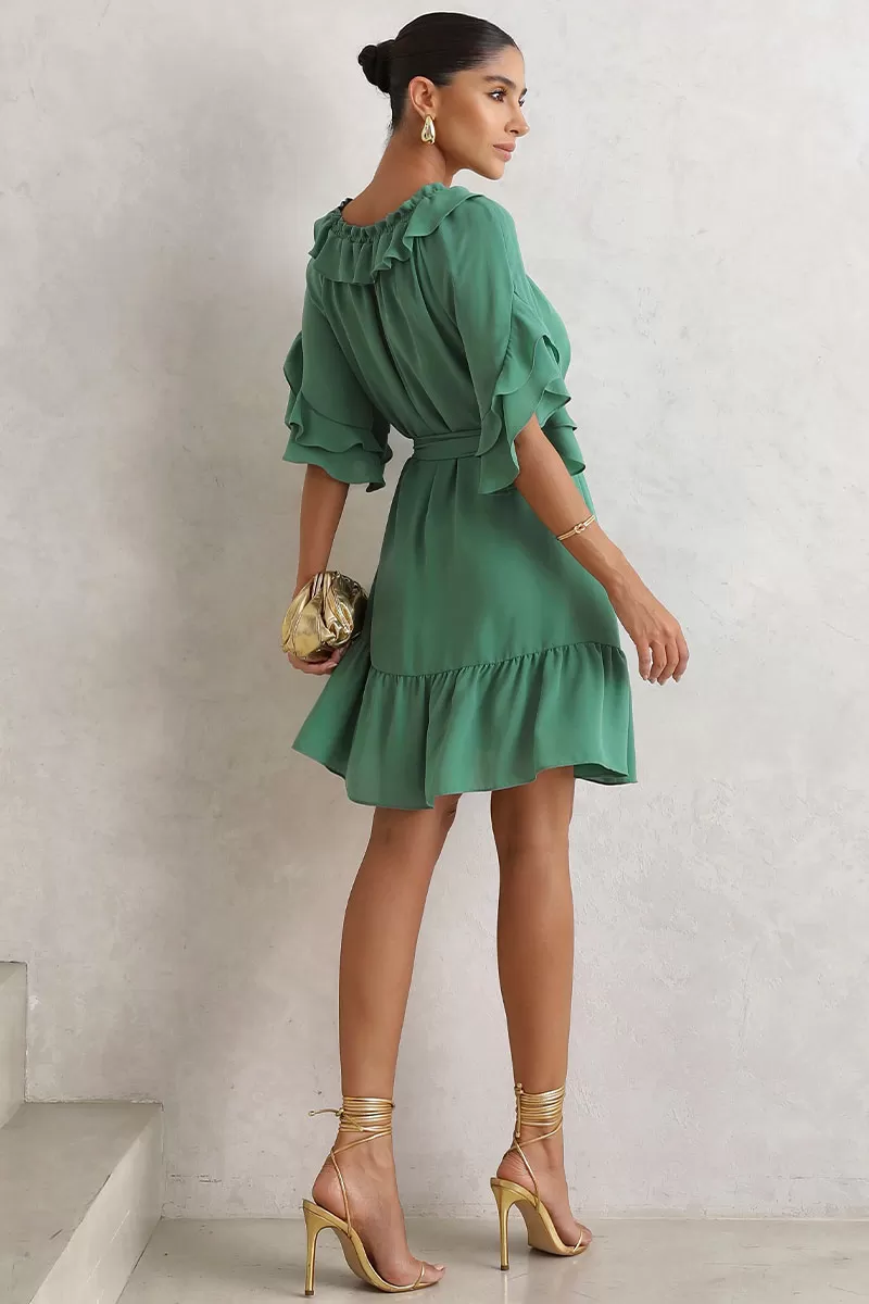 Miss Misses - Simone Crepe Off-the-Shoulder Dress with Green Sash - 54483023 Miss Misses - Simone Crepe Off-the-Shoulder Dress with Green Sash - 54483023