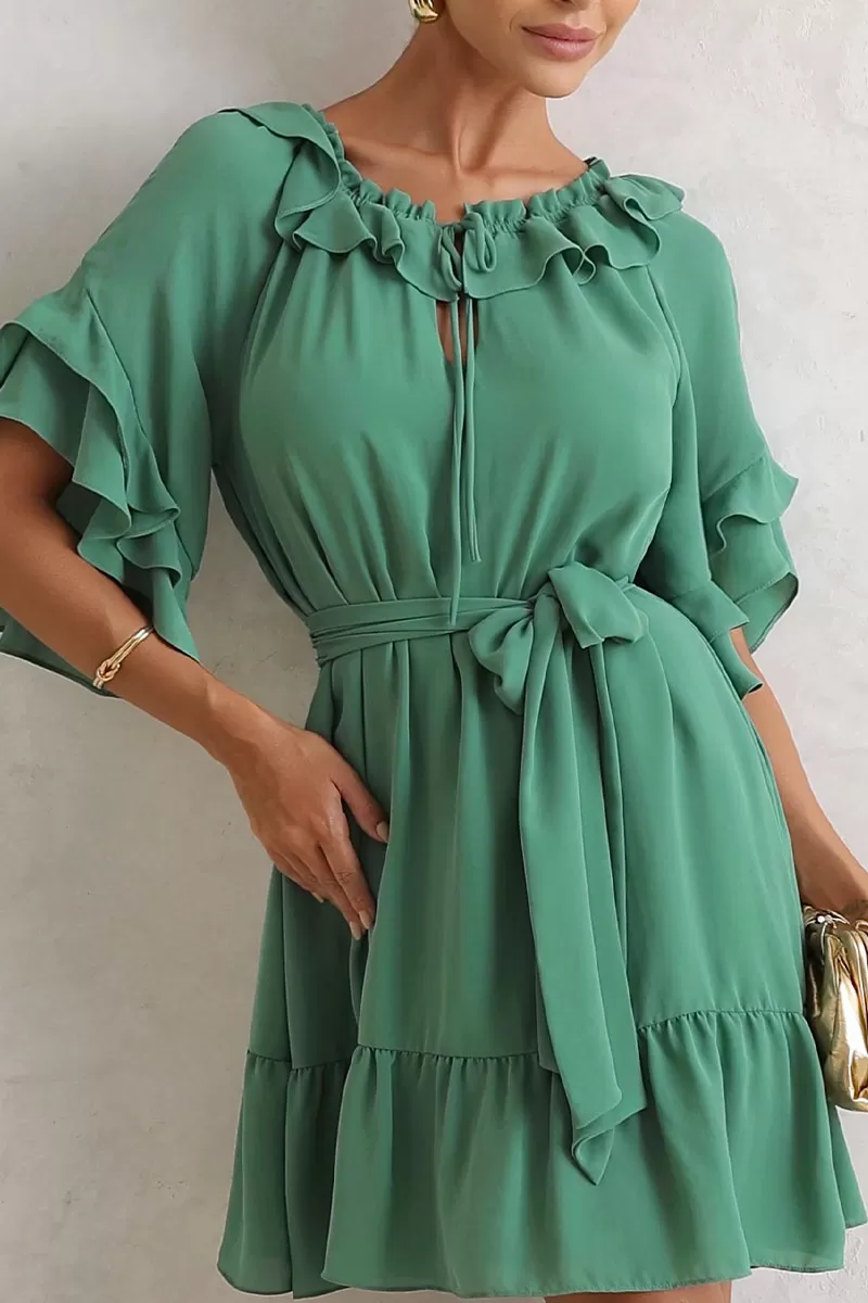 Miss Misses - Simone Crepe Off-the-Shoulder Dress with Green Sash - 54483023 Miss Misses - Simone Crepe Off-the-Shoulder Dress with Green Sash - 54483023