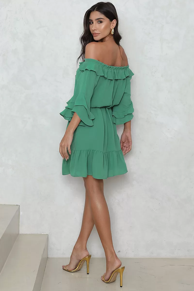 Miss Misses - Simone Crepe Off-the-Shoulder Dress with Green Sash - 54483023 Miss Misses - Simone Crepe Off-the-Shoulder Dress with Green Sash - 54483023