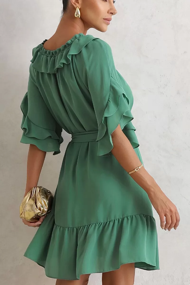 Miss Misses - Simone Crepe Off-the-Shoulder Dress with Green Sash - 54483023 Miss Misses - Simone Crepe Off-the-Shoulder Dress with Green Sash - 54483023