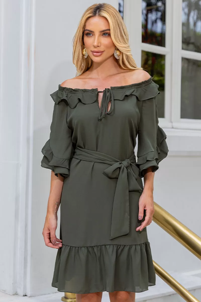 Miss Misses - Simone Crepe Off-the-Shoulder Dress with Moss Green Sash - 54483038 Miss Misses - Simone Crepe Off-the-Shoulder Dress with Moss Green Sash - 54483038