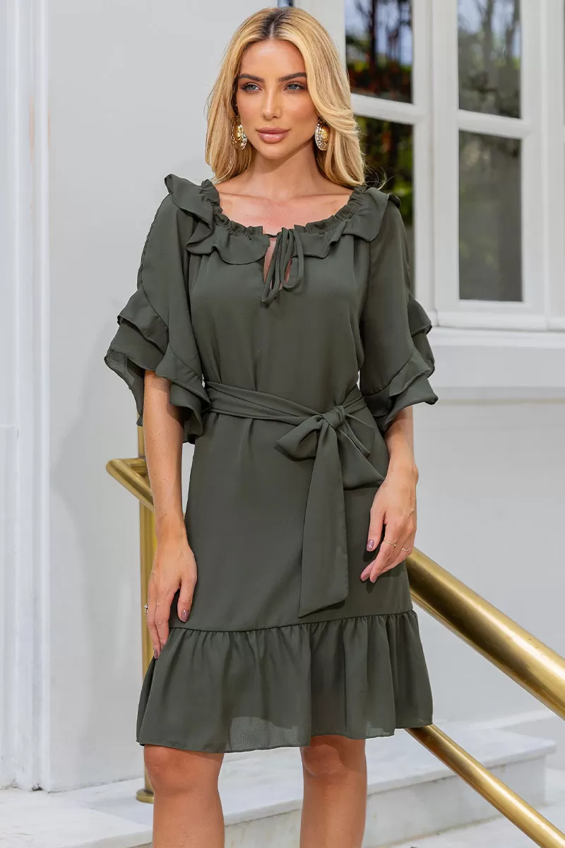 Miss Misses - Simone Crepe Off-the-Shoulder Dress with Moss Green Sash - 54483038 Miss Misses - Simone Crepe Off-the-Shoulder Dress with Moss Green Sash - 54483038