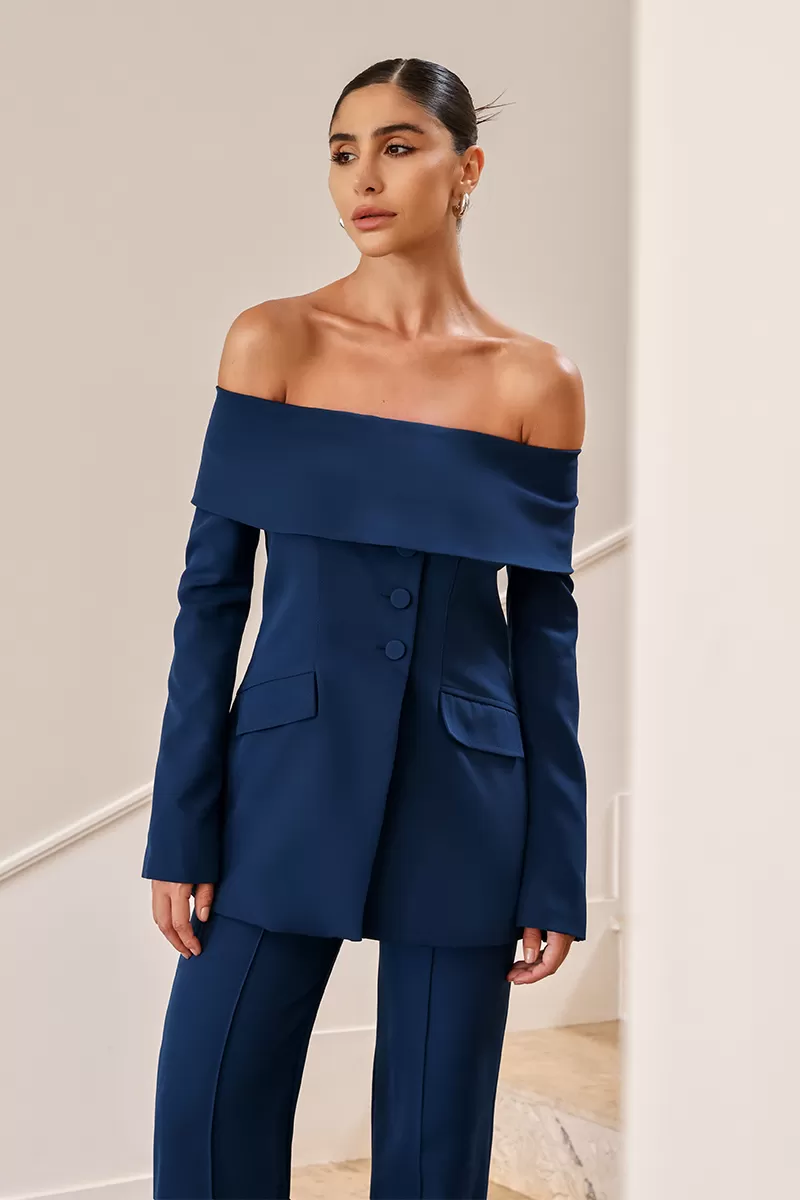 Dot Clothing - Dot Clothing Mirela Tailoring Off-the-Shoulder Navy Set - 2627MARINHO Dot Clothing - Dot Clothing Mirela Tailoring Off-the-Shoulder Navy Set - 2627MARINHO