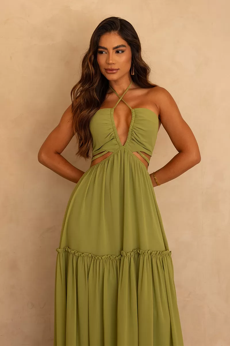 Dot Clothing - Dot Clothing Long Dress AnaLu Cutouts Olive Green - 2584VERDE Dot Clothing - Dot Clothing Long Dress AnaLu Cutouts Olive Green - 2584VERDE