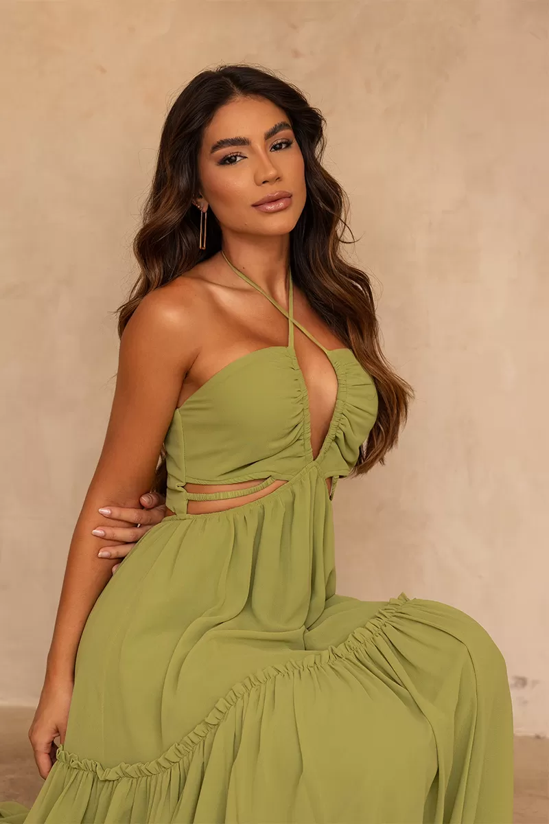 Dot Clothing - Dot Clothing Long Dress AnaLu Cutouts Olive Green - 2584VERDE Dot Clothing - Dot Clothing Long Dress AnaLu Cutouts Olive Green - 2584VERDE