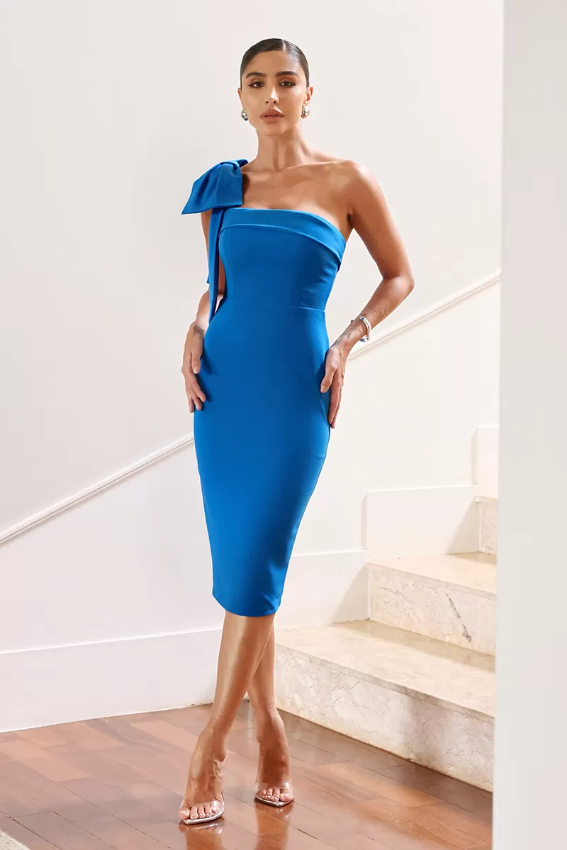 Dot Clothing - Dot Clothing Midi One Shoulder Dress With Light Blue Bow - 2124AZUL Dot Clothing - Dot Clothing Midi One Shoulder Dress With Light Blue Bow - 2124AZUL