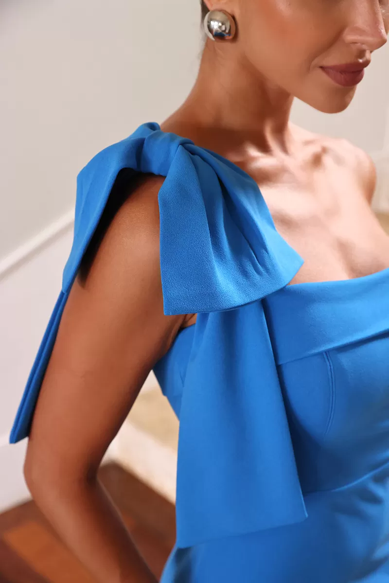 Dot Clothing - Dot Clothing Midi One Shoulder Dress With Light Blue Bow - 2124AZUL Dot Clothing - Dot Clothing Midi One Shoulder Dress With Light Blue Bow - 2124AZUL