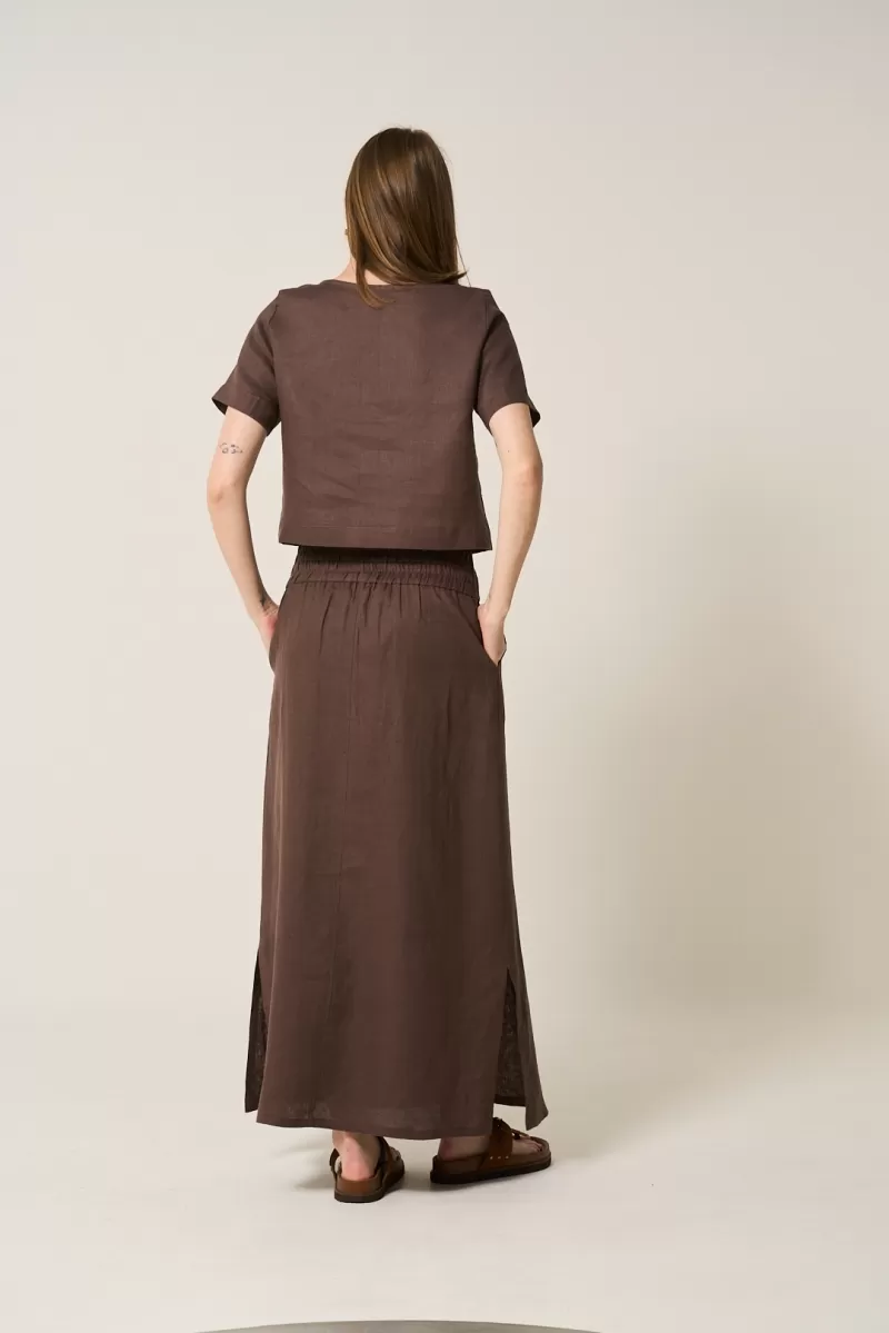 Hidrogênio - BROWN 100% LINEN MIDI FLARE SKIRT - 19800031 Hidrogênio - BROWN 100% LINEN MIDI FLARE SKIRT - 19800031