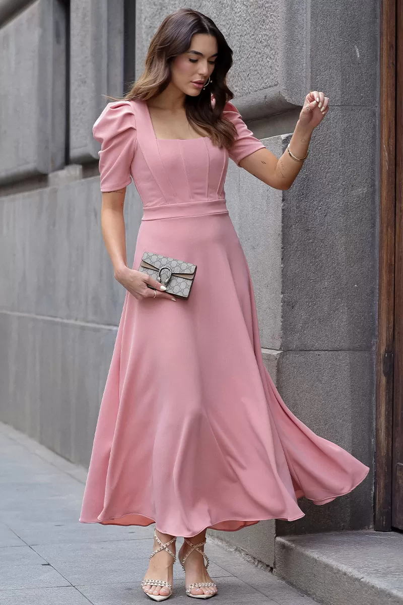 Miss Misses - Bruna Puff Sleeve Midi Dress with Pink Rib - 54428031 Miss Misses - Bruna Puff Sleeve Midi Dress with Pink Rib - 54428031