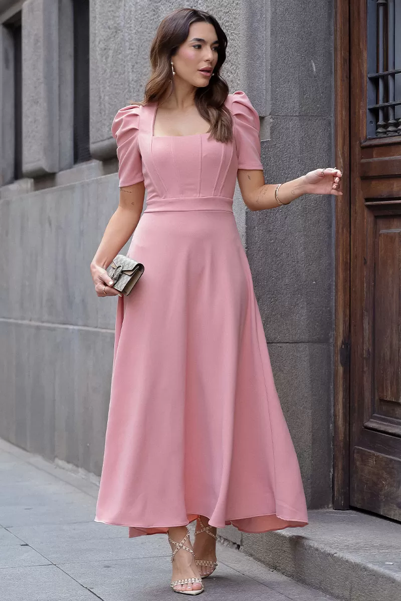 Miss Misses - Bruna Puff Sleeve Midi Dress with Pink Rib - 54428031 Miss Misses - Bruna Puff Sleeve Midi Dress with Pink Rib - 54428031