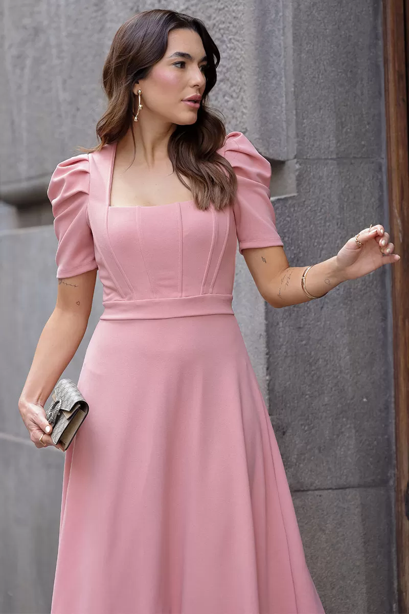 Miss Misses - Bruna Puff Sleeve Midi Dress with Pink Rib - 54428031 Miss Misses - Bruna Puff Sleeve Midi Dress with Pink Rib - 54428031