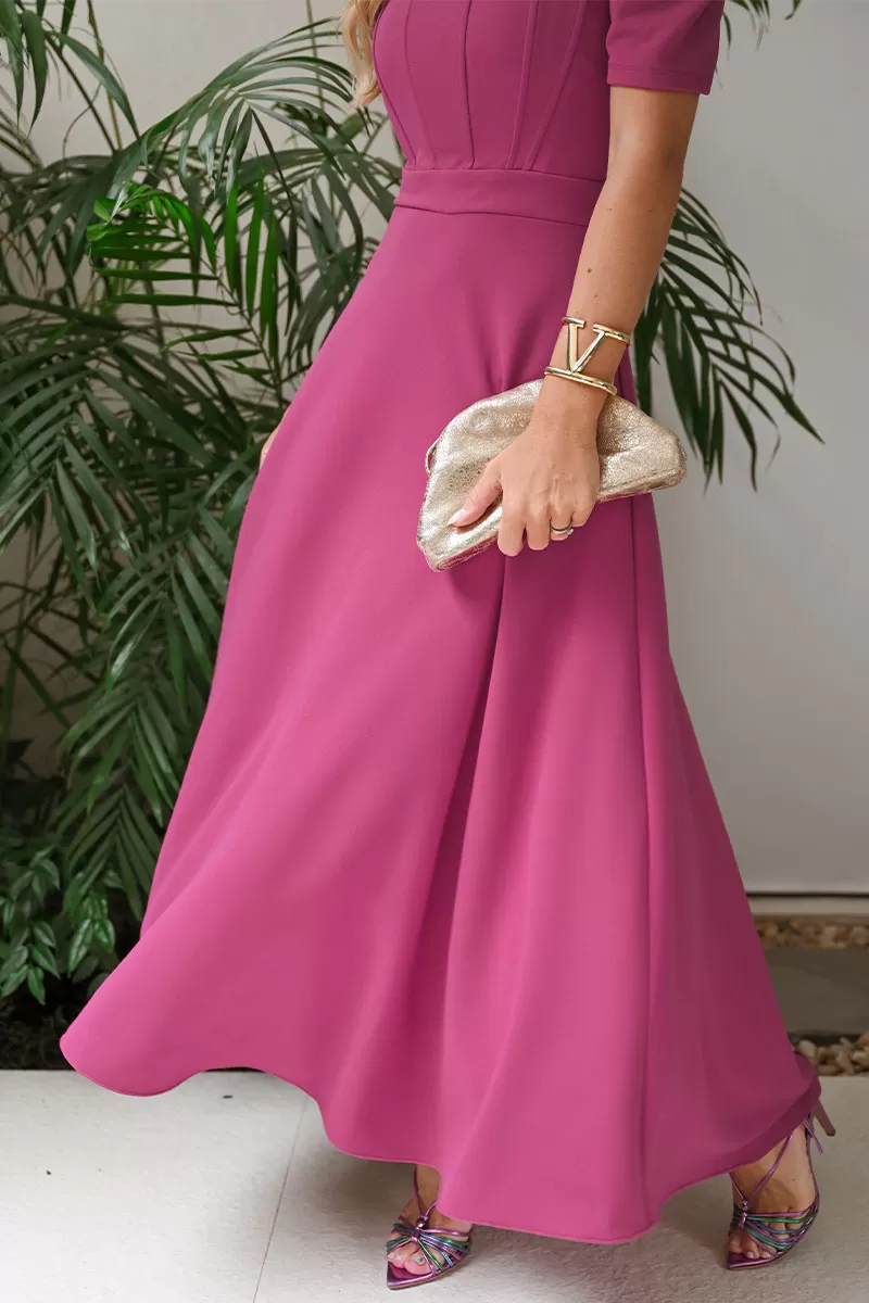 Miss Misses - Bruna Midi Dress with Puff Sleeves and Fuchsia Rib - 54428234 Miss Misses - Bruna Midi Dress with Puff Sleeves and Fuchsia Rib - 54428234