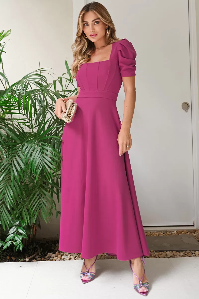 Miss Misses - Bruna Midi Dress with Puff Sleeves and Fuchsia Rib - 54428234 Miss Misses - Bruna Midi Dress with Puff Sleeves and Fuchsia Rib - 54428234