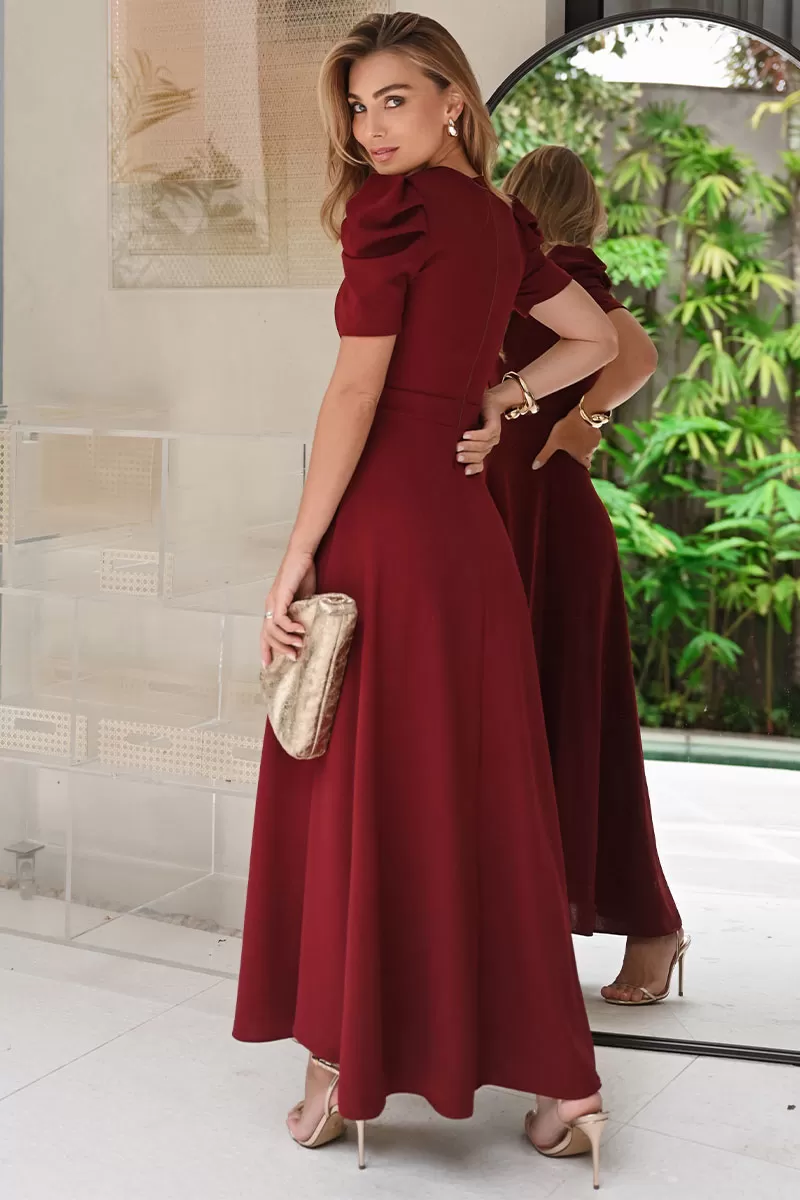 Miss Misses - Bruna Midi Dress with Puff Sleeves and Wine Rib - 54428006