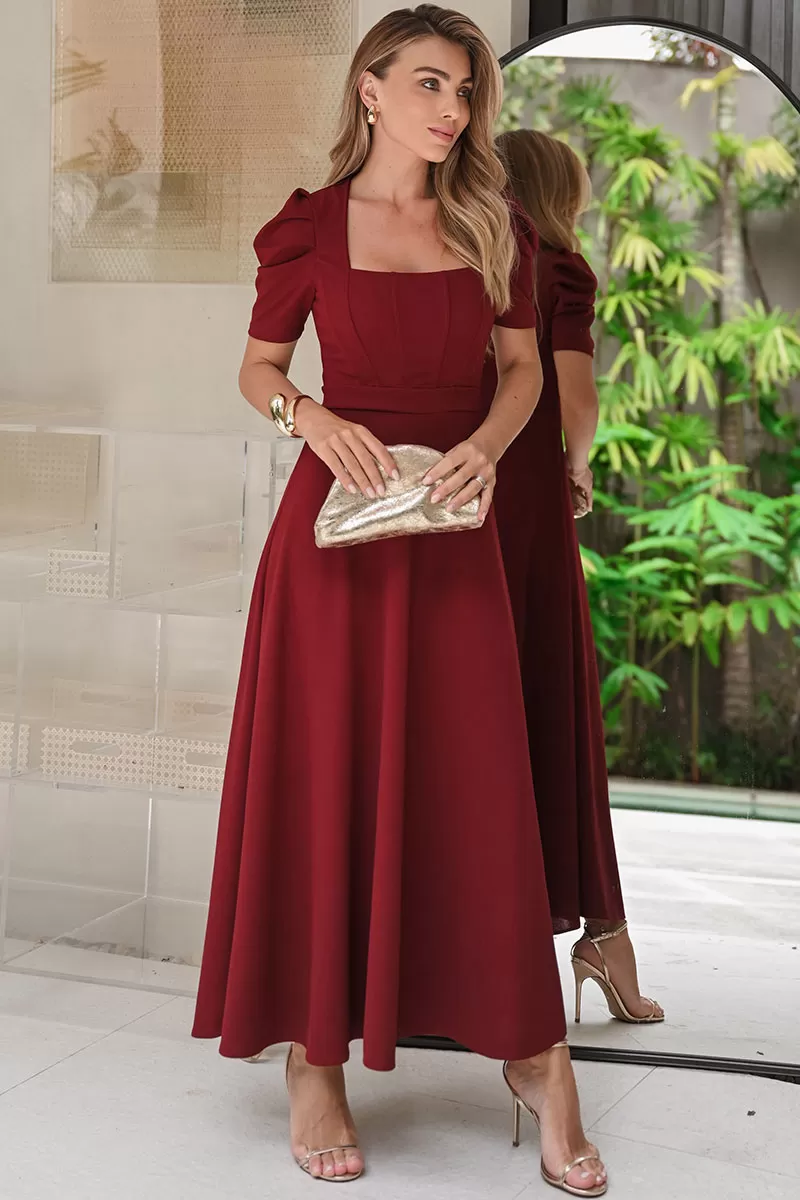 Miss Misses - Bruna Midi Dress with Puff Sleeves and Wine Rib - 54428006