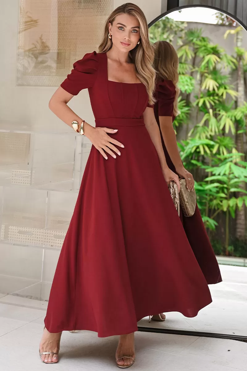 Miss Misses - Bruna Midi Dress with Puff Sleeves and Wine Rib - 54428006