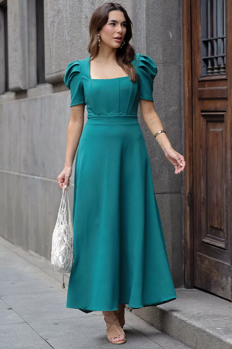 Miss Misses - Bruna Midi Dress with Puff Sleeves and Green Fin - 54428023 Miss Misses - Bruna Midi Dress with Puff Sleeves and Green Fin - 54428023