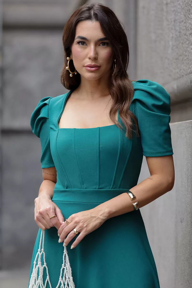 Miss Misses - Bruna Midi Dress with Puff Sleeves and Green Fin - 54428023 Miss Misses - Bruna Midi Dress with Puff Sleeves and Green Fin - 54428023