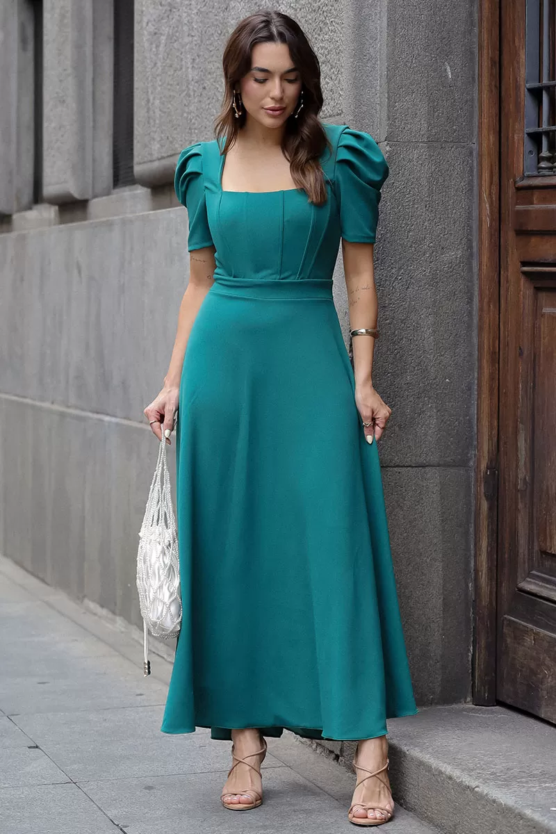 Miss Misses - Bruna Midi Dress with Puff Sleeves and Green Fin - 54428023 Miss Misses - Bruna Midi Dress with Puff Sleeves and Green Fin - 54428023