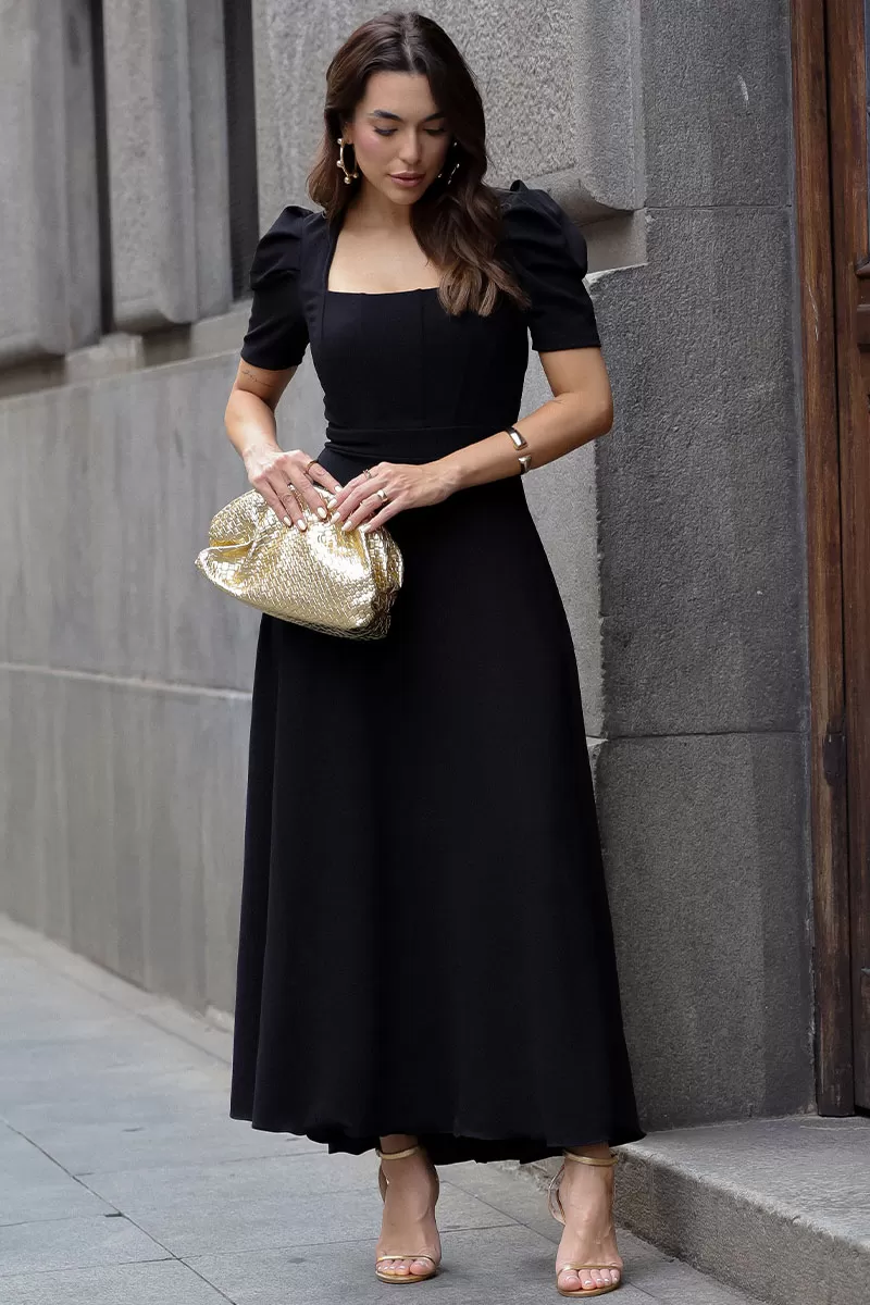 Miss Misses - Bruna Midi Dress with Puff Sleeves and Black Fins - 54428001 Miss Misses - Bruna Midi Dress with Puff Sleeves and Black Fins - 54428001