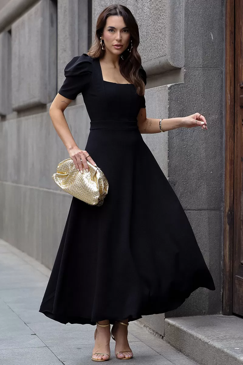 Miss Misses - Bruna Midi Dress with Puff Sleeves and Black Fins - 54428001 Miss Misses - Bruna Midi Dress with Puff Sleeves and Black Fins - 54428001