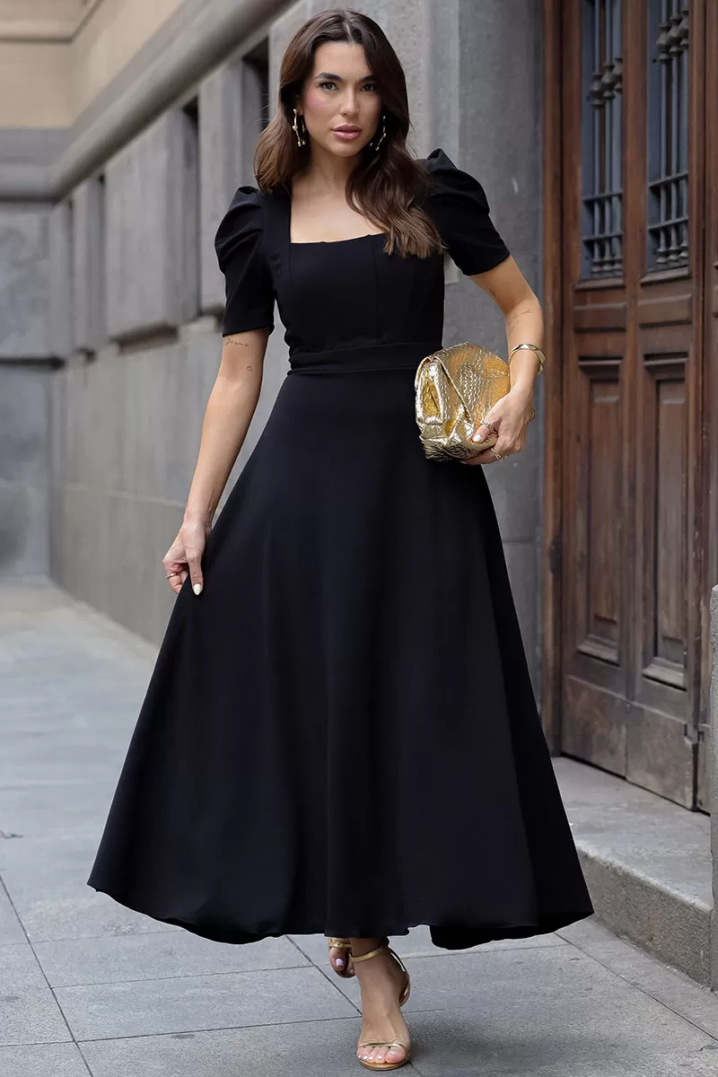 Miss Misses - Bruna Midi Dress with Puff Sleeves and Black Fins - 54428001 Miss Misses - Bruna Midi Dress with Puff Sleeves and Black Fins - 54428001